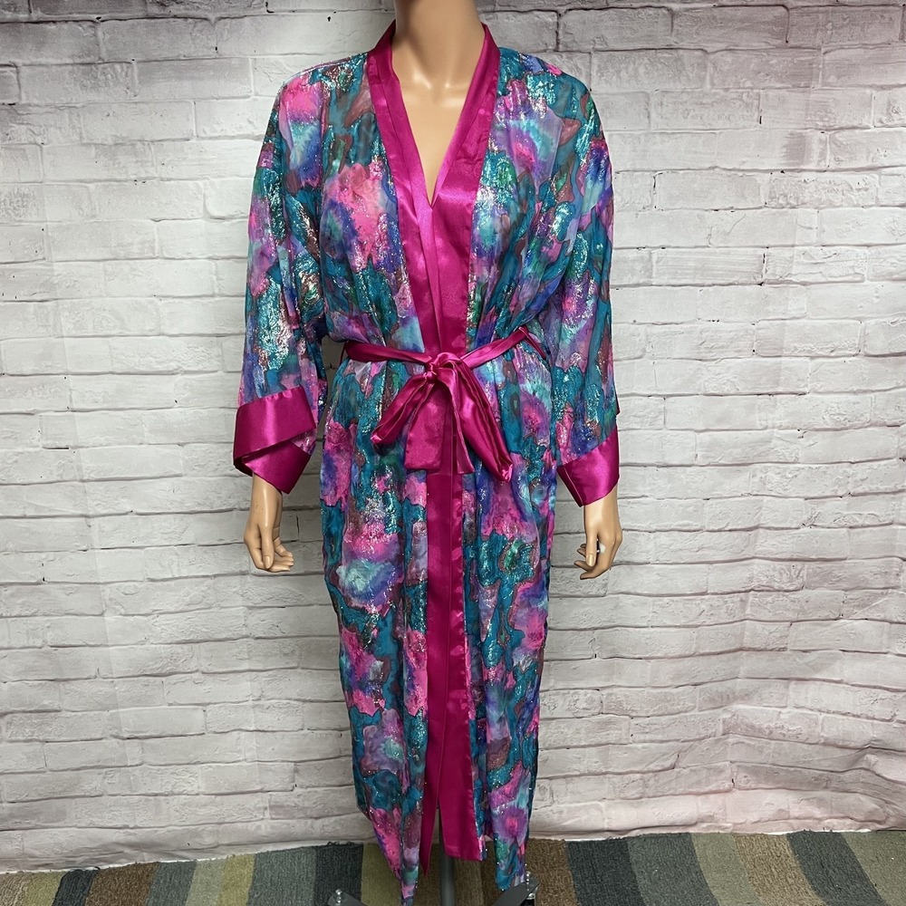 Victorias Secret Bathrobe Womens One Size OSFM Pink Floral Gold Label Vintage